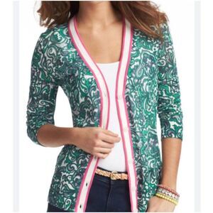 LOFT Green Pink Paisley Ramie V Neck Button Front Sheer Long Sleeve Cardigan M